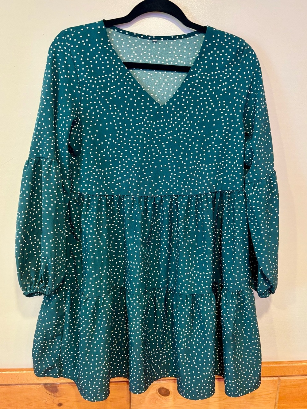 Amoretu V-Neck Tiered Polka Dot Tunic Mini Dress Teal Green Women's Small